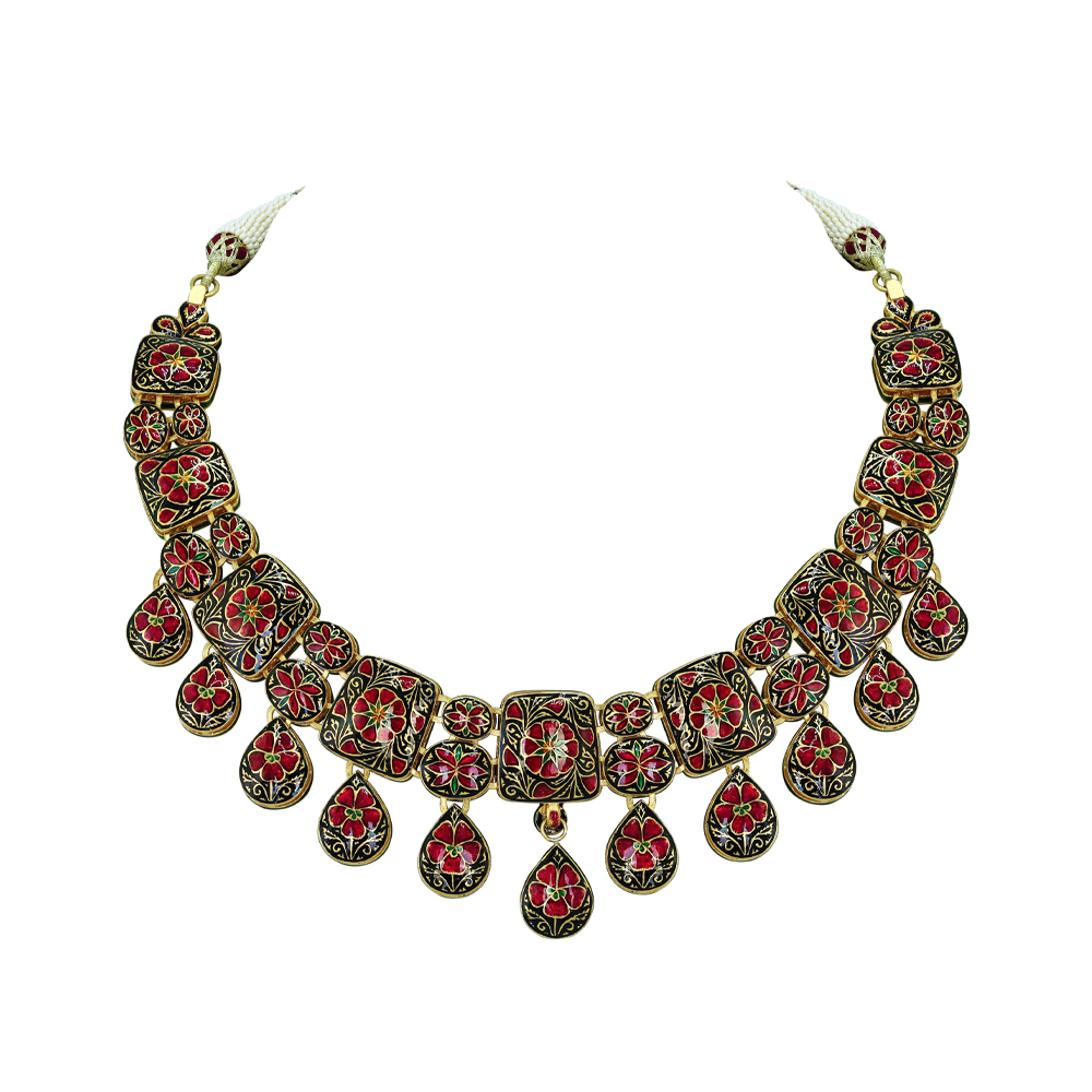 Polki Necklace with Cascading Teardrop and Square Motifs